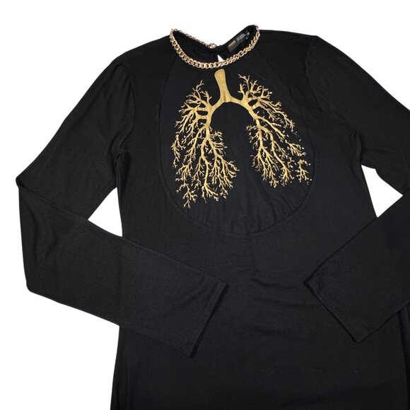 Black Gothic Maxi Dress Sz L Gold Print Sheer Front Long Sleeve Witchy Edgy - Picture 10 of 10